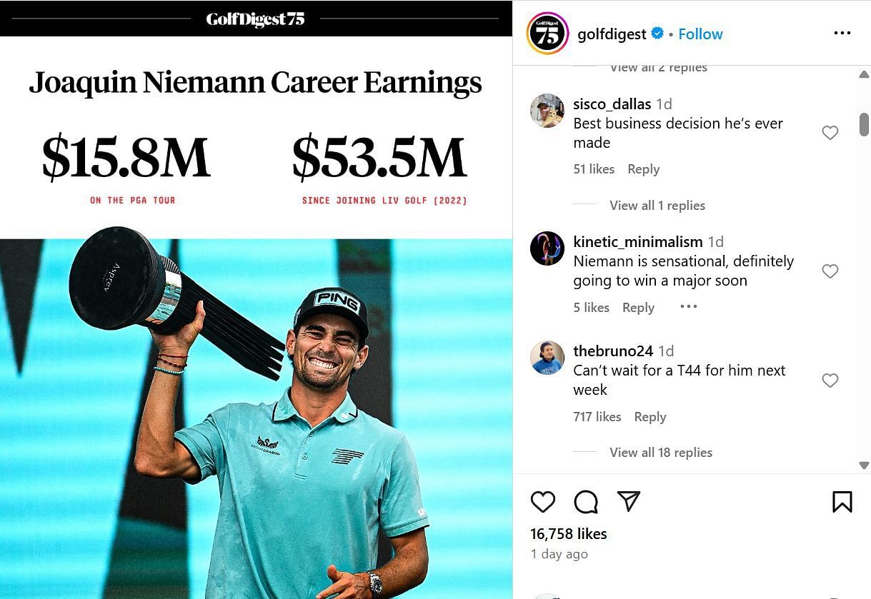 Fans reacting to Niemann's earnings (Image Credit: IG @golfdigest)